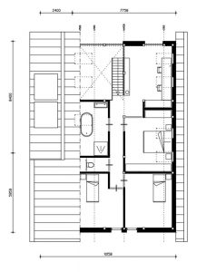 Eco schuurwoning met a-symetrische kap Finnhouse Houtbouw plattegrond etage