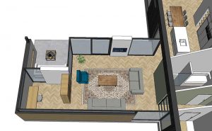 patio schuurwoning bovenaanzicht woonkamer